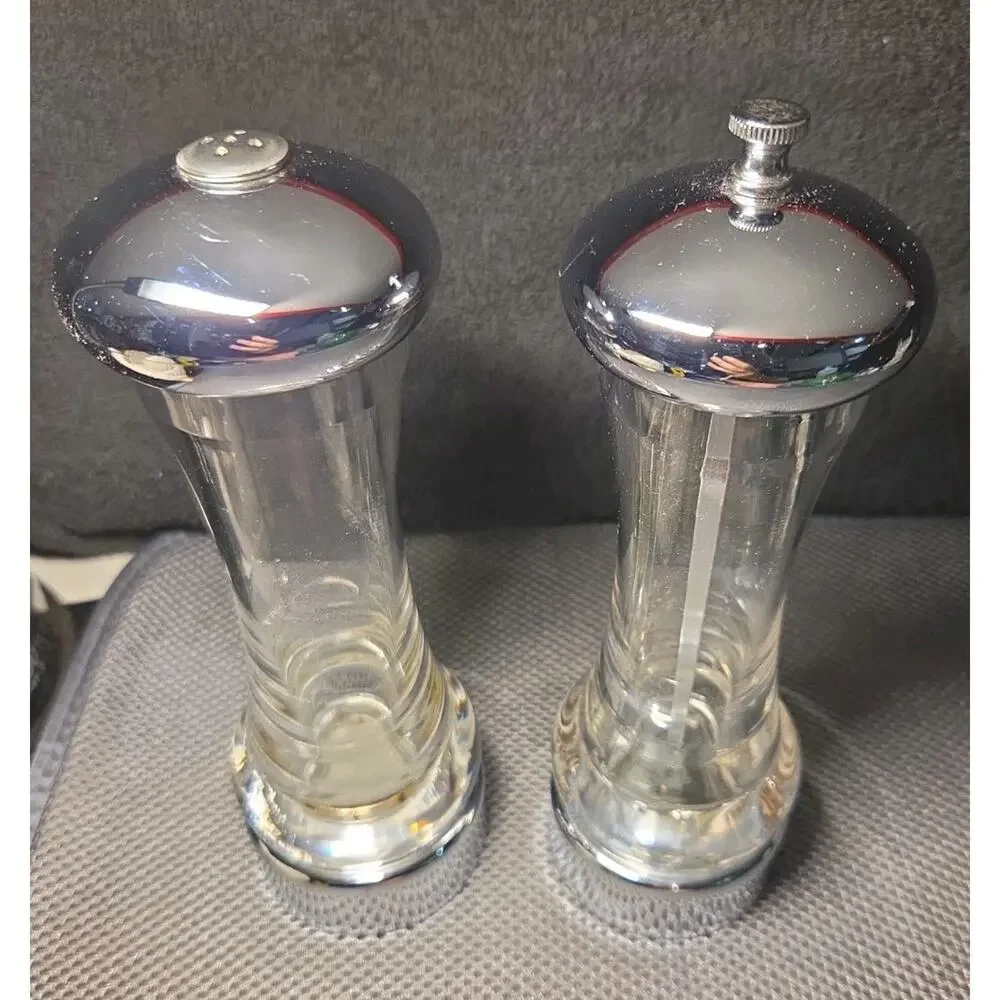 Vntg Old Thompson Salt Shaker And Pepper Mill 8 Inches Tall Glass
